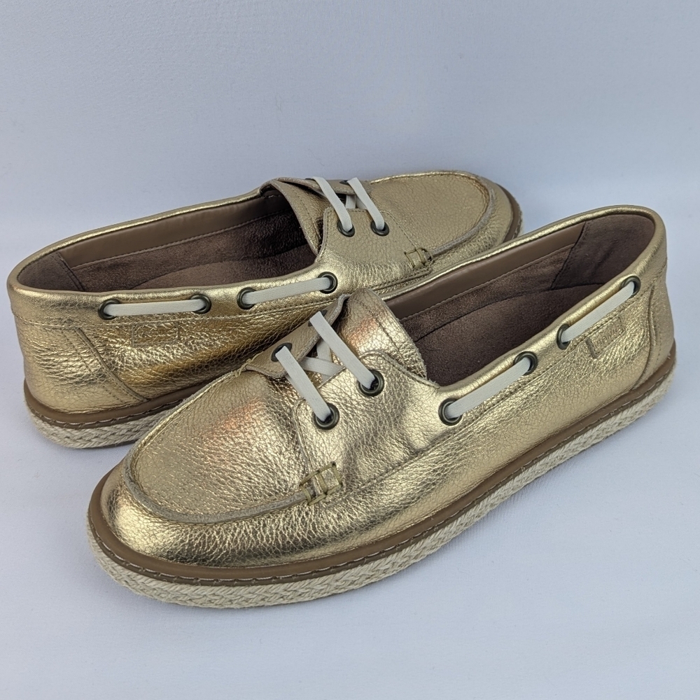 Vionic Bay Slip On Loafer Boat Shoe Metallic Leather Jute Detail Gold 8.5 NWOB